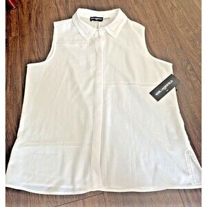 Karl Lagerfeld Paris Women's Sleeveless Button up Shirt Lace Trim Blouse Top L